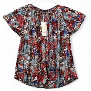 Chic Floral Women's Blouse in Red and Blue
